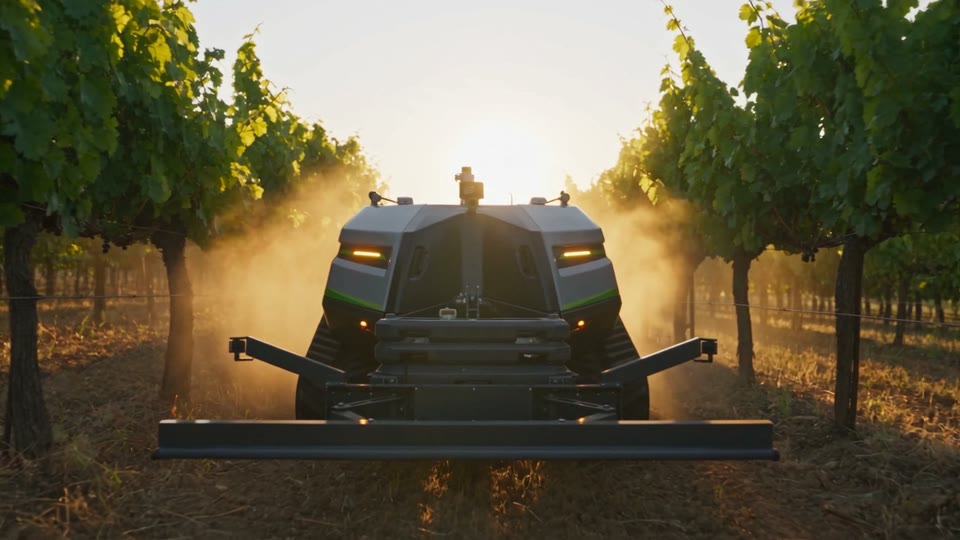 Il robot cingolato che avanza fra i filari del vigneto al tramonto