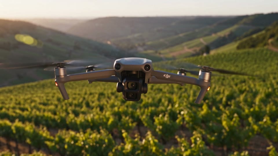 Un drone con la fotocamera stabilizzata in volo stazionario sopra le vigne