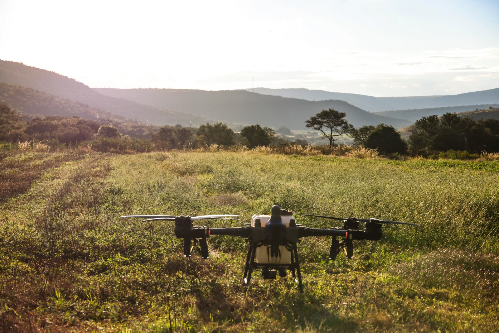 Il drone agricolo a terra pronto al decollo, con il sole basso